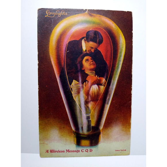 Victorian Couple Inside Light Bulb Fantasy Postcard Wireless Lovelights 1909 - Picture 2 of 3